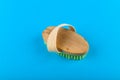 Wooden brush massager. massage wooden soft body brush with natural pile, worn on the hand, on a blue background, used in the
