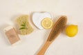 Wooden brush, soap, sponge, lemon and soda on beige backgrund top vire copy space eco friendly house holding concept Royalty Free Stock Photo