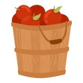 Wooden bucket filled with red apples, rustic wood texture and handle detail. Harvest, fresh fruit and autumn concept