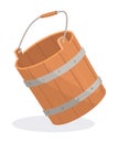 Wooden bucket with handle and without water. Container or empty pail for spa, sauna. Vector illustration isolated on Royalty Free Stock Photo