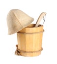 Wooden bucket with ladle and heat for the sauna Royalty Free Stock Photo