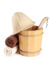 Wooden bucket with ladle and towels for the sauna Royalty Free Stock Photo