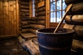 wooden bucket and ladle in a traditional sauna in a winter setting