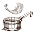 Wooden bucket and a sponge for washing, for Russian bath for body hygiene. Set of accessories for bath, sauna. Hand