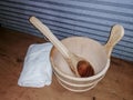 Interior view of a traditional sauna with some equipment