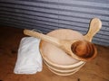 Interior view of a traditional sauna with some equipment