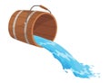 Wooden bucket with water and handle. Container with flowing water for spa, sauna. Liquid pouring with splash. Vector