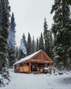 Wooden building of shelter with igniting a fireplace and sale bakery and beverage in Lake O'hara Royalty Free Stock Photo