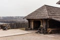 Wooden buildings in the National Reserve `Zaporizhzhia Sich` on the island of Khortytsia in Zaporizhzhia. Ukraine