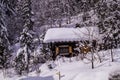 Wooden buildings with the rooftops covered in heavy snow in France Royalty Free Stock Photo