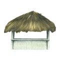 Wooden bungalow, beach bar with dry leaf thatched roof. Watercolor illustration. Isolated object from the CUBA