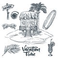 Wooden bungalow and palm tree on tropical island vector hand drawn sketch landscape illustration. Summer design elements