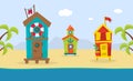 Wooden Bungalows on Tropical Coast, Sea Beach Beautiful Landscape, Summer Holiday Banner Template Vector Illustration