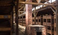 The wooden bunk beds inside a barrack at the concentration camp Auschwitz II - Birkenau.