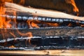 Wooden burning hot charred planks of wood logs in a fire with tongues of fire and smoke. Texture, background Royalty Free Stock Photo