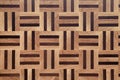 Wooden butcher chopping board pattern close up. Natural brand new end grain hard wood cutting board background texture