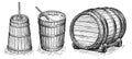 Wooden butter churn, bucket, barrel in vintage engraving style. Dairy food farm production concept. Sketch vector