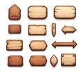 Wooden button frame for a game. Arrow signboard UI interface set. Round and square brown user plank kit for a level box