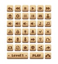 Wooden buttons game UI asset. Gaming user interface icons. vector illustration
