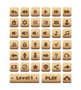 Wooden buttons game UI asset. Gaming user interface icons. vector illustration