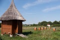 Wooden cabin and beehives on farm field in village