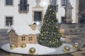 Wooden cabin and christmas pine inside giant transparent bubble