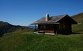 Wooden cabin on green alp in the dolomites