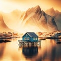 Wooden cabin on a lake on pilings. Reflections in water.AI generated