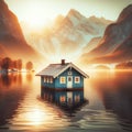 Wooden cabin on a lake on pilings. Reflections in water.AI generated