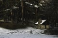 Wooden cabin in the middle of a snowy forest Royalty Free Stock Photo