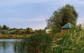 wooden cabin near the edge of a small small river or pond amidst lush foliage nearing sunset.