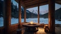 the beauty of a wooden cabin nestled in a mountain landscape, view from the window, Generative AI Royalty Free Stock Photo