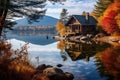 Wooden cabin nestled beside a tranquil mountain lake surrounded by autumn foliage. Generative AI