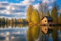 a wooden cabin beside a peaceful fishing lake