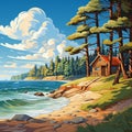 Wooden Cabin On Rocks: Color Zone Painting With Wilderness Depictions