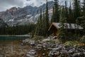 Wooden cabin on shore of Lake Ohara, BC, Canada