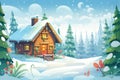 a wooden cabin surrounded by snowy evergreens Royalty Free Stock Photo