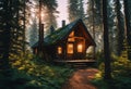 Wooden cabin in a tranquil forest setting, AI-generated. Royalty Free Stock Photo