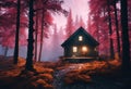 Wooden cabin in a tranquil forest setting, AI-generated. Royalty Free Stock Photo