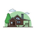 Wooden cabin vector illustration and winter in nature Royalty Free Stock Photo