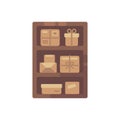 Wooden cabinet with brown boxes. Old parcel storage flat icon