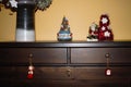 Wooden cabinet with Christmas decorations and christmas muggle carousel