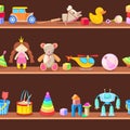 Wooden cabinet with kids toys on shelves. Seamless vector background Royalty Free Stock Photo