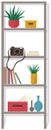 Wooden cabinet or rack with shelves, drawers with books, potted grass, decorative vase, camera Royalty Free Stock Photo