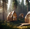 Wooden cabins in the pine forest.