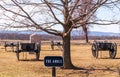 Wooden caissons, cannons and a stone monument at the Angle with a sign below a tree on the Gettysburg National Military Park Royalty Free Stock Photo