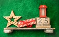 wooden calendar with 25 december date, christmas banner, copy space for promo or ad