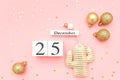 Wooden calendar December 25, gold textile christmas cactus and stars confetti on pink background. Alternative Merry christmas tree Royalty Free Stock Photo