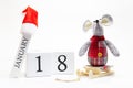 Wooden calendar with number January 18. Happy New Year! Symbol of New Year 2020 - white or metal silver rat. Christmas decorated Royalty Free Stock Photo