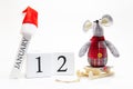 Wooden calendar with number January 12. Happy New Year! Symbol of New Year 2020 - white or metal silver rat. Christmas decorated Royalty Free Stock Photo